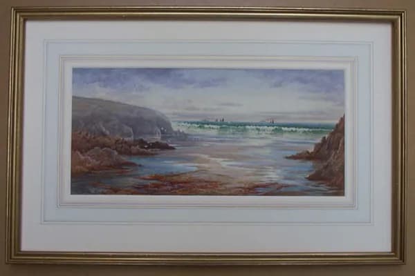 a painting of Fistral Beach, Pentire Point, Newquay