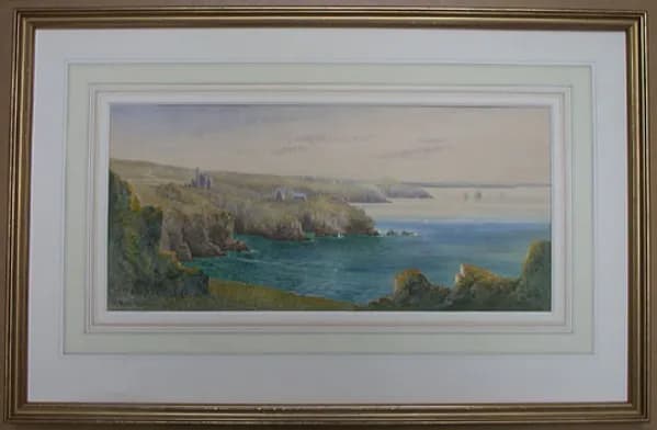 a painting of Wheal Golding Mine and Penhale Point