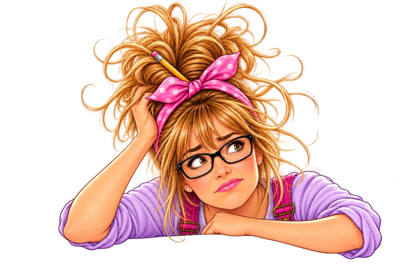An illustrated, slightly overwhelmed sewist peering over a stack of thoughts