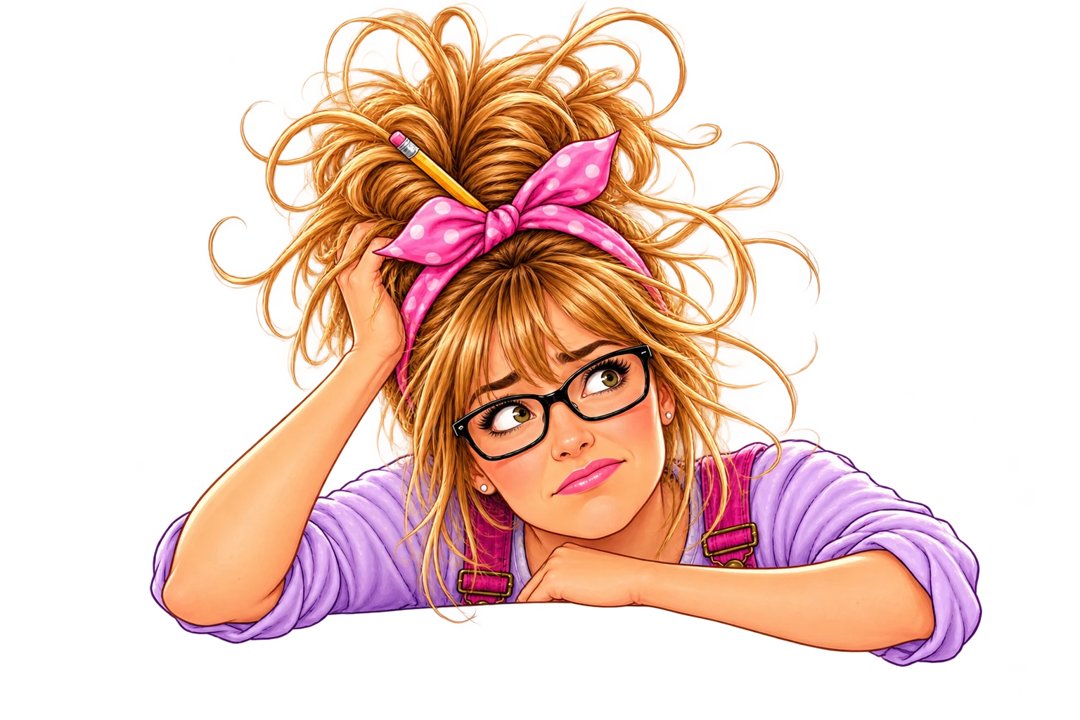 An illustrated, slightly overwhelmed sewist peering over a stack of thoughts