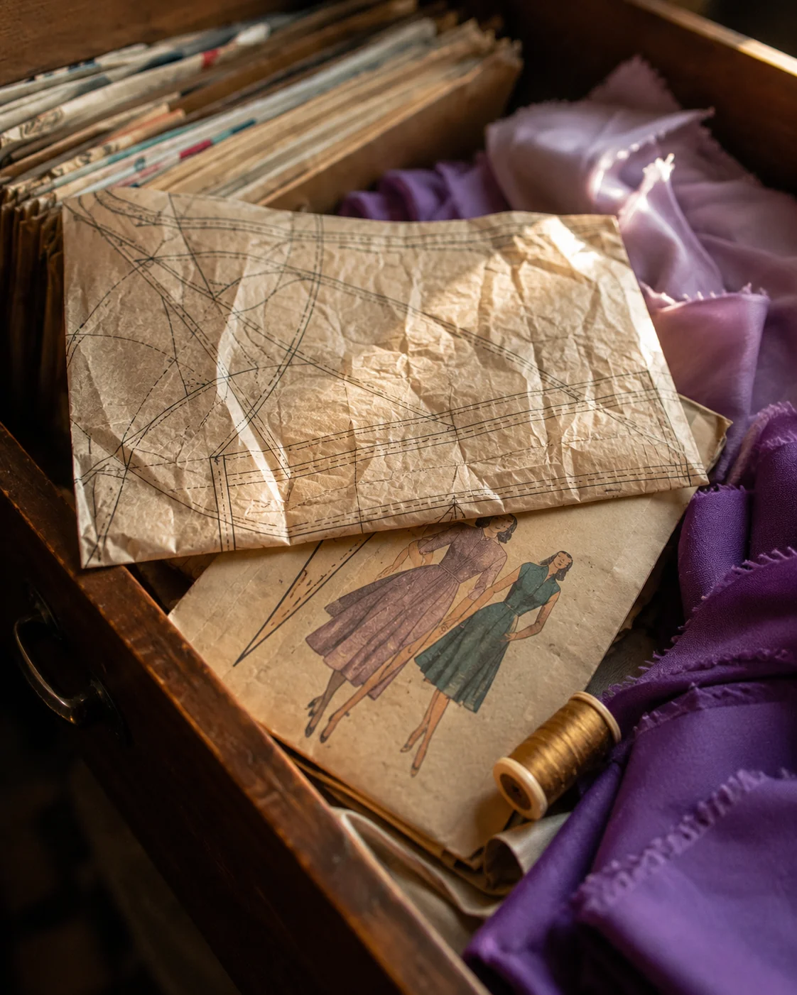 An open wooden drawer of vintage sewing patterns, unfolded tissue paper and fabric scraps