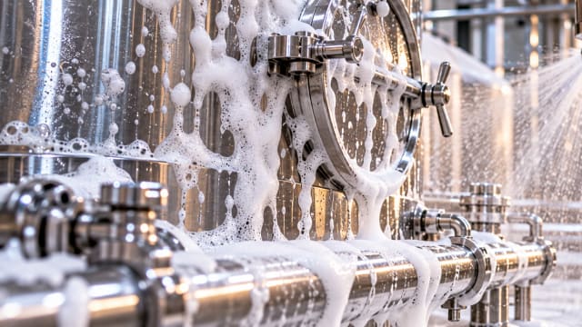 Foam and water spraying during a cleaning-in-place validation on production equipment