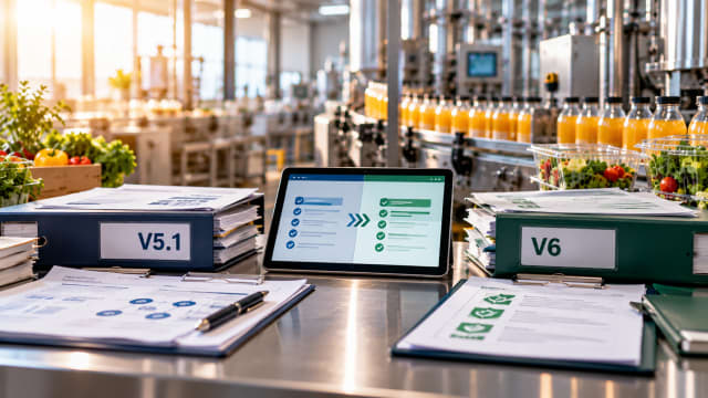 Comparing FSSC 22000 V5.1 and V6 documentation binders with a tablet showing the changes