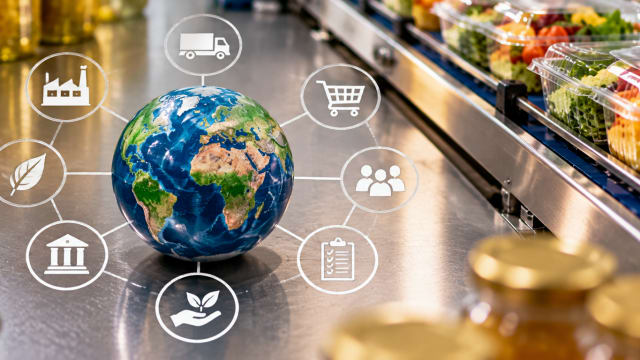 A globe connected to icons representing suppliers, regulators, consumers and other interested parties in the food supply chain