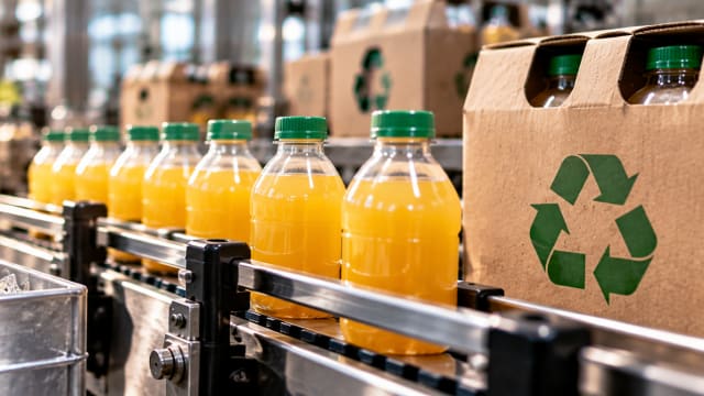 Bottled beverages on a production line beside recycled packaging with a recycling symbol