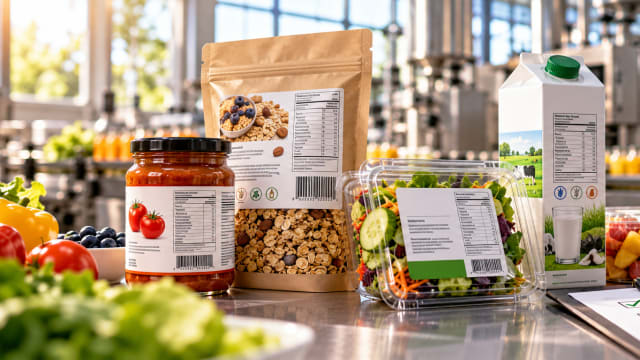 Food products with nutrition labels on a table, with a map of South Africa in the background