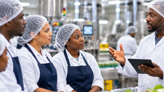 A trainer discussing food safety procedures with staff on the production floor