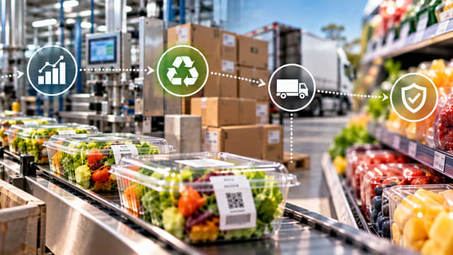 Farm-to-shelf traceability icons overlaid on a food production line, from field to retail shelf