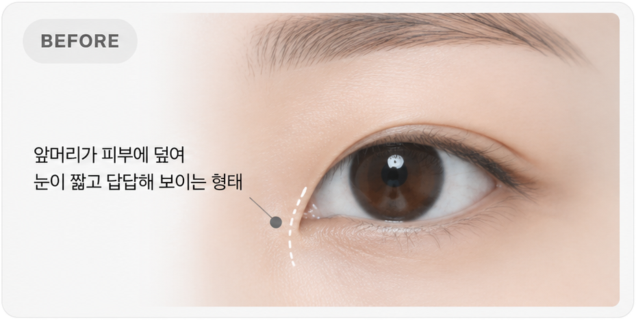 앞머리가 피부에 덮여 눈이 짧고 답답해 보이는 BEFORE 형태