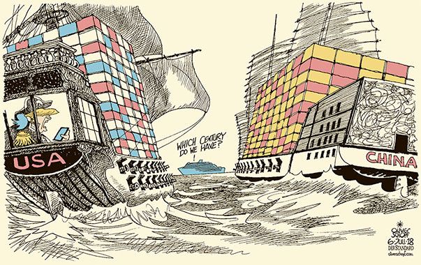 Карикатура: американский парусник с контейнерами и современный китайский контейнеровоз, капитан спрашивает «Which century do we have?»