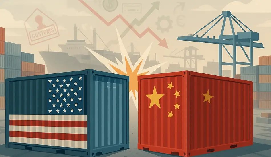 Иллюстрация: контейнер с флагом США и контейнер с флагом Китая сталкиваются в порту на фоне графиков торговли