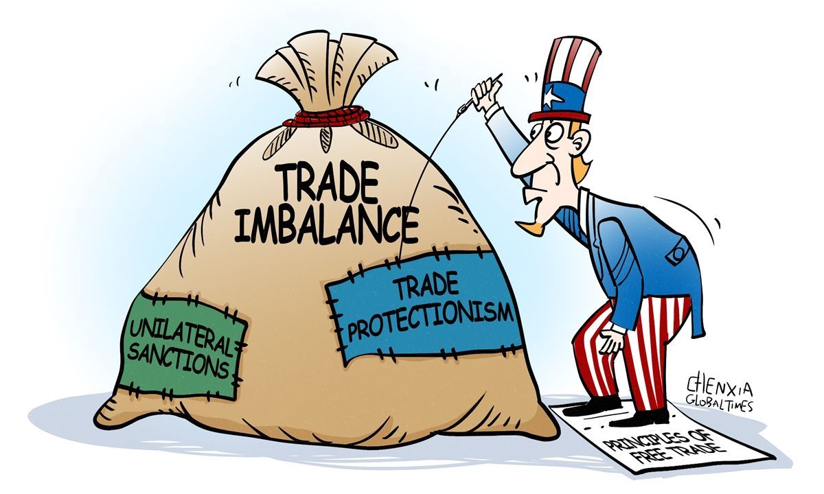 Карикатура Global Times: дядя Сэм зашивает мешок «Trade Imbalance» с заплатками «Trade Protectionism» и «Unilateral Sanctions»