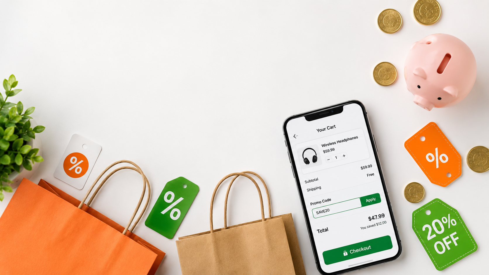 Shopper holding a discount coupon while applying a promo code at online checkout to save money