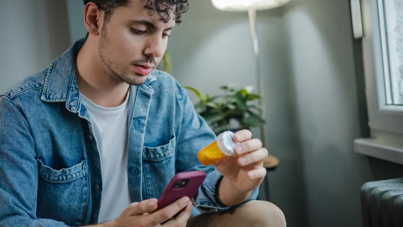 Young man with erectile dysfunction sits in a living room reading the label of a prescription pill bottle while holding his phone