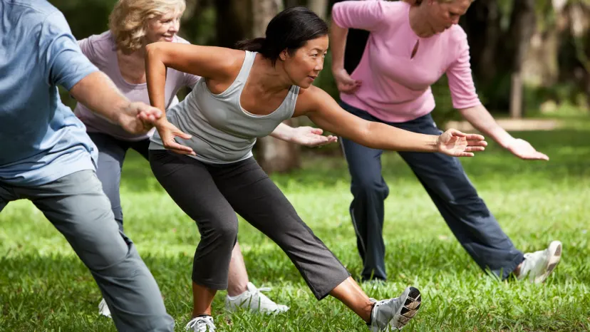 Multi-ethnic group of adults practicing tai chi in park for good joint health