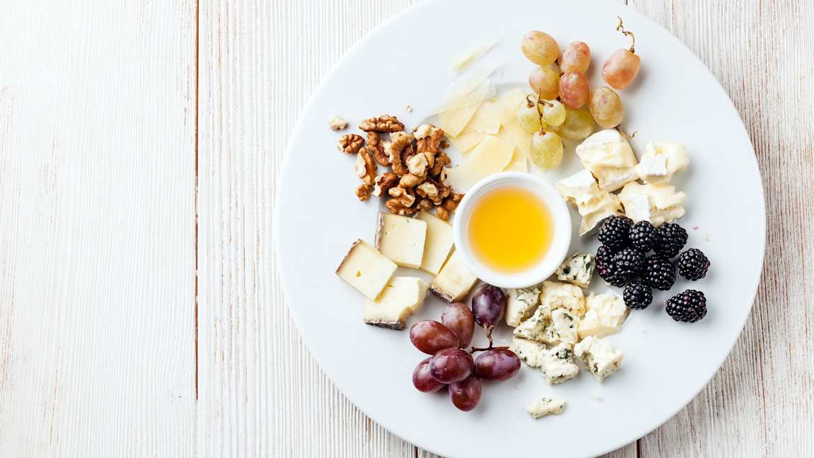 Fruit, nut, and cheese sampler platter