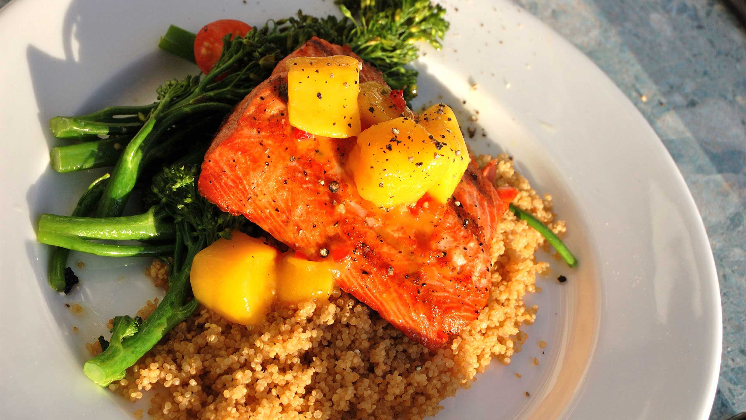 Honey mustard salmon with mango quinoa
