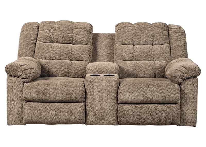 Workhorse Reclining Loveseat with Console Cocoa Dufresne Furniture and Appliances