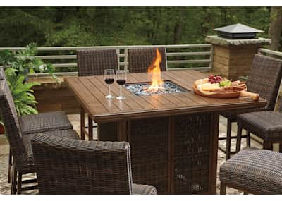 Paradise trail medium brown outdoor square bar hot sale set with fire pit