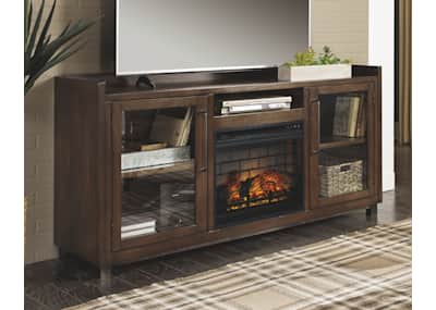 Brown entertainment deals center with fireplace