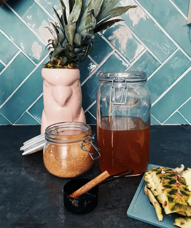Een aanrecht. Links achter staat een roze bloempot met het gezicht van een havik met de bovenkant van de ananas erboven op. Ernaast zie je een weckpot gevuld met een bruine drank. Daarvoor zie je ananas schil liggen en een bakje met kaneelstokjes.