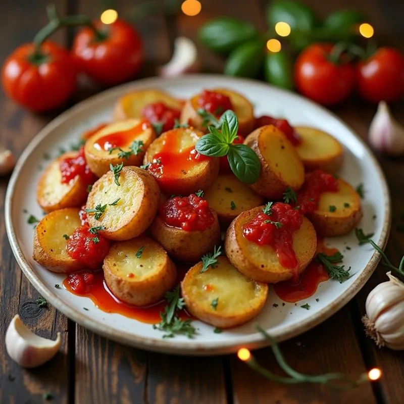 A plate of smashed oven-baked baby potatoes drizzled with a red sauce