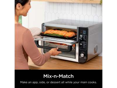 NinjaFoodi SMART 12 in 1 Double Oven with FlexDoor full salmon dinner and  dessert 