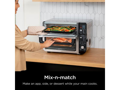 NinjaFoodi SMART 12 in 1 Double Oven with FlexDoor full salmon dinner and  dessert 