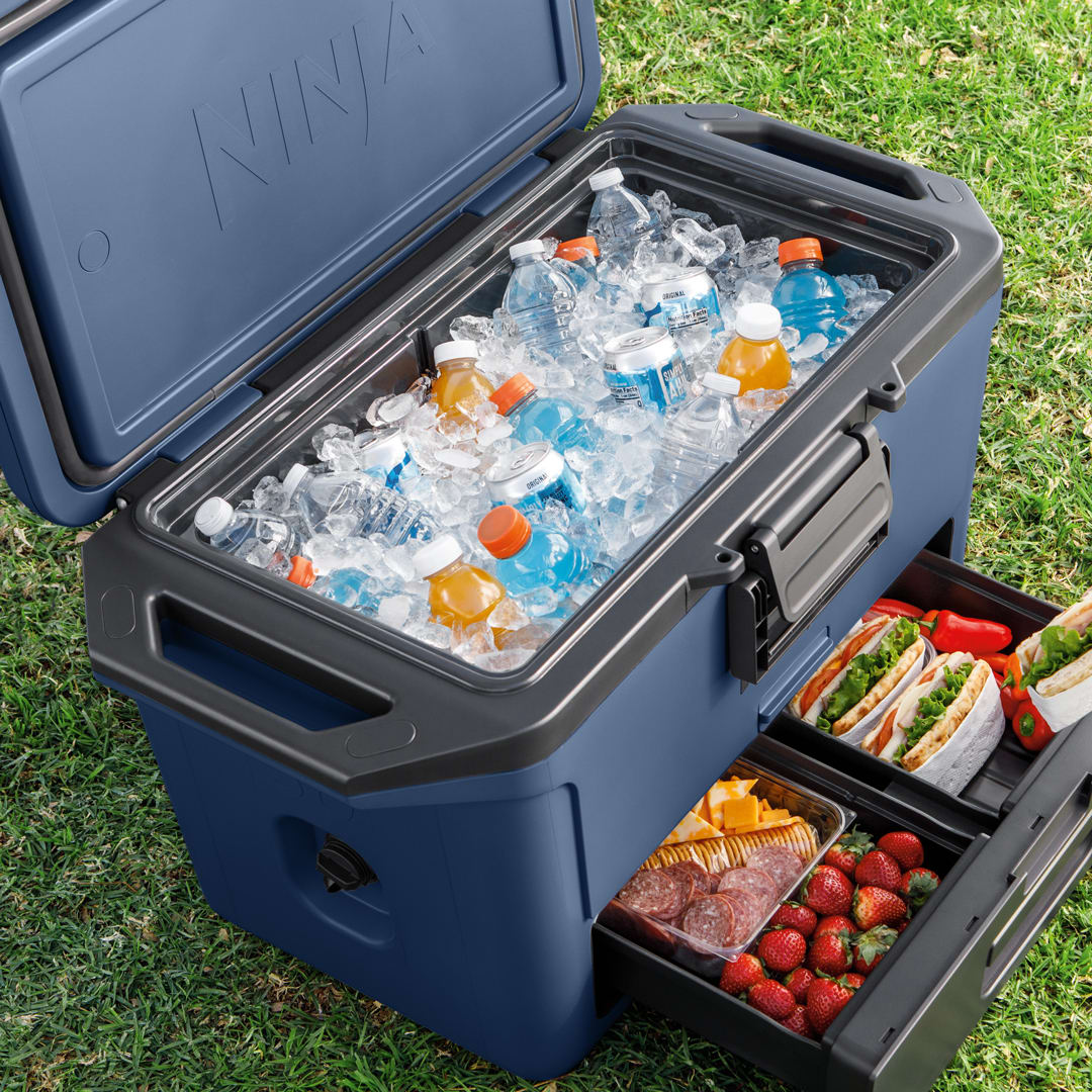 Large cooler filled with drinks, ice, sandwiches, fruit and more food