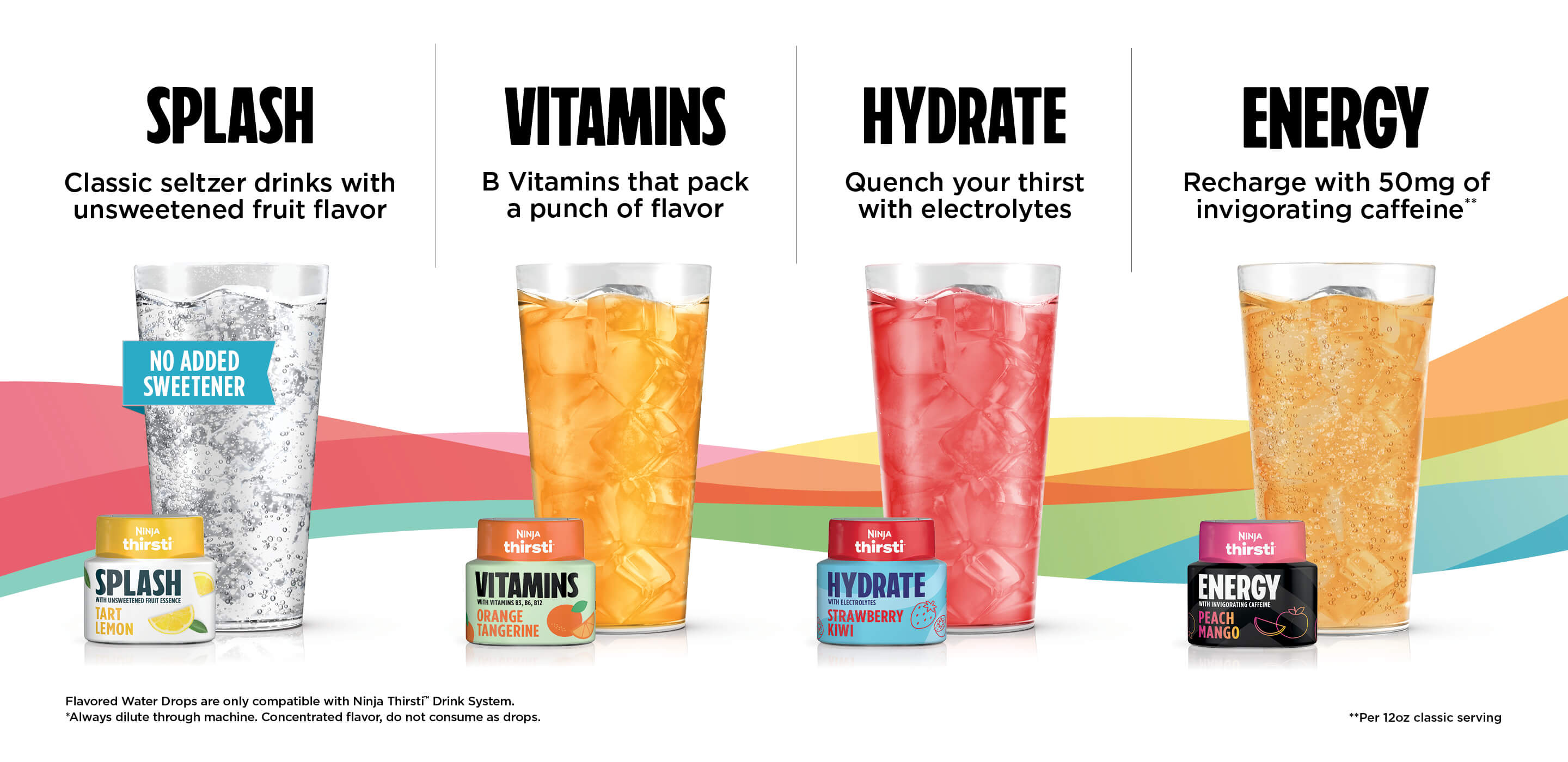 Splash classic seltzer drink with no added sweetener. Vitamins with B vitamins. Hydrate with electrolytes. Energy with 50mg caffeine.