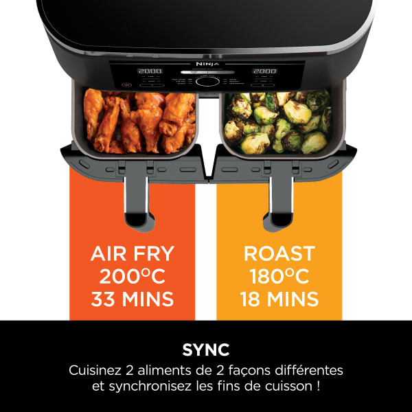 Ninja Foodi MAX Dual Zone Air Fryer, 2 Tiroirs, 9,5L, 6-en-1, Sans Huile,  Air Fry, Croustillant Max, Rtir, Cuire, Dshydrater, 8 Portions, Paniers