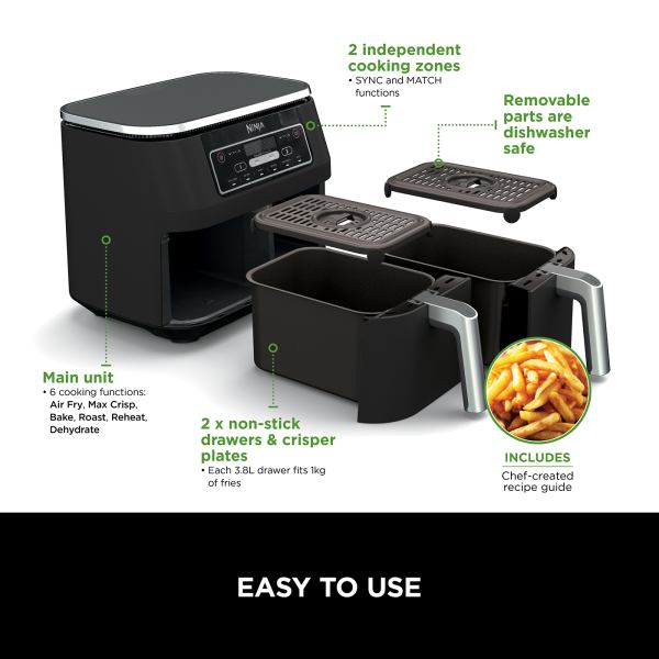 Ninja Foodi Dual Zone 6-in-1 Dual Compartment Air Fryer (7.6L) AF300EU