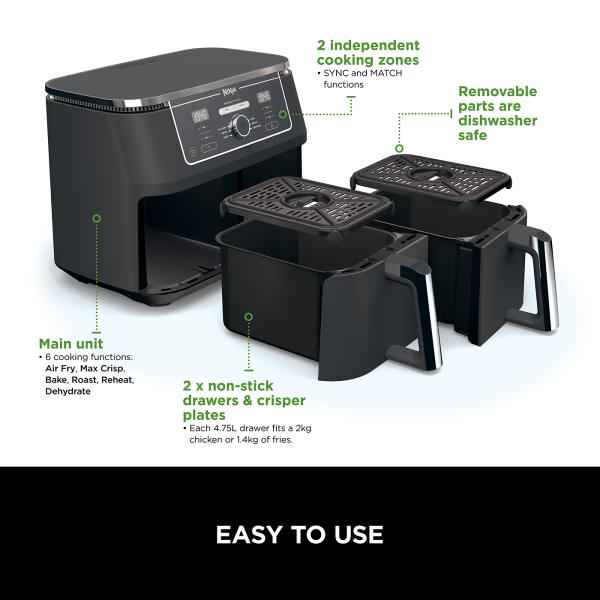 NINJA Foodi MAX [AF400EU] Dual Zone Oil-Free Deep Fryer, 9.5L Capacity, 2  Drawers, 6 Cooking Modes, Black