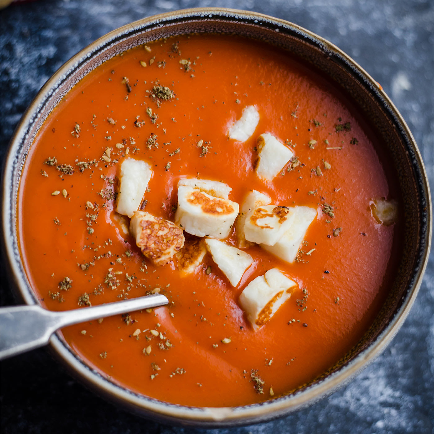 Image of Spiced Tomato, Lentil & Carrot Soup with Halloumi Croutons