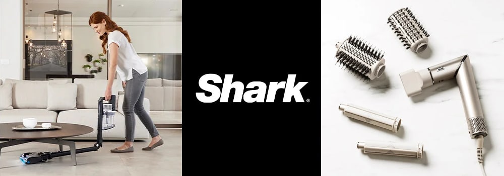 Mujer limpiando debajo de una mesa con una aspiradora flexible de Shark y un Secador de pelo Moldeador Shark FlexStyle