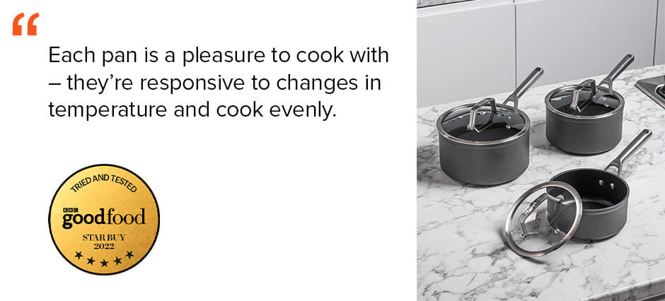 This high-quality pan set boasts an impressive non-stick coating and brilliant cooking abilities. Each pan is a pleasure to cook with - BBC Good Food Star Buy 2022