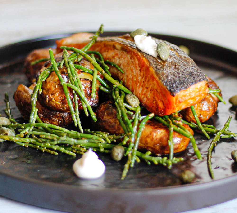 Image of Grilled Salmon, Provencal Potatoes & Samphire Lemon Aioli