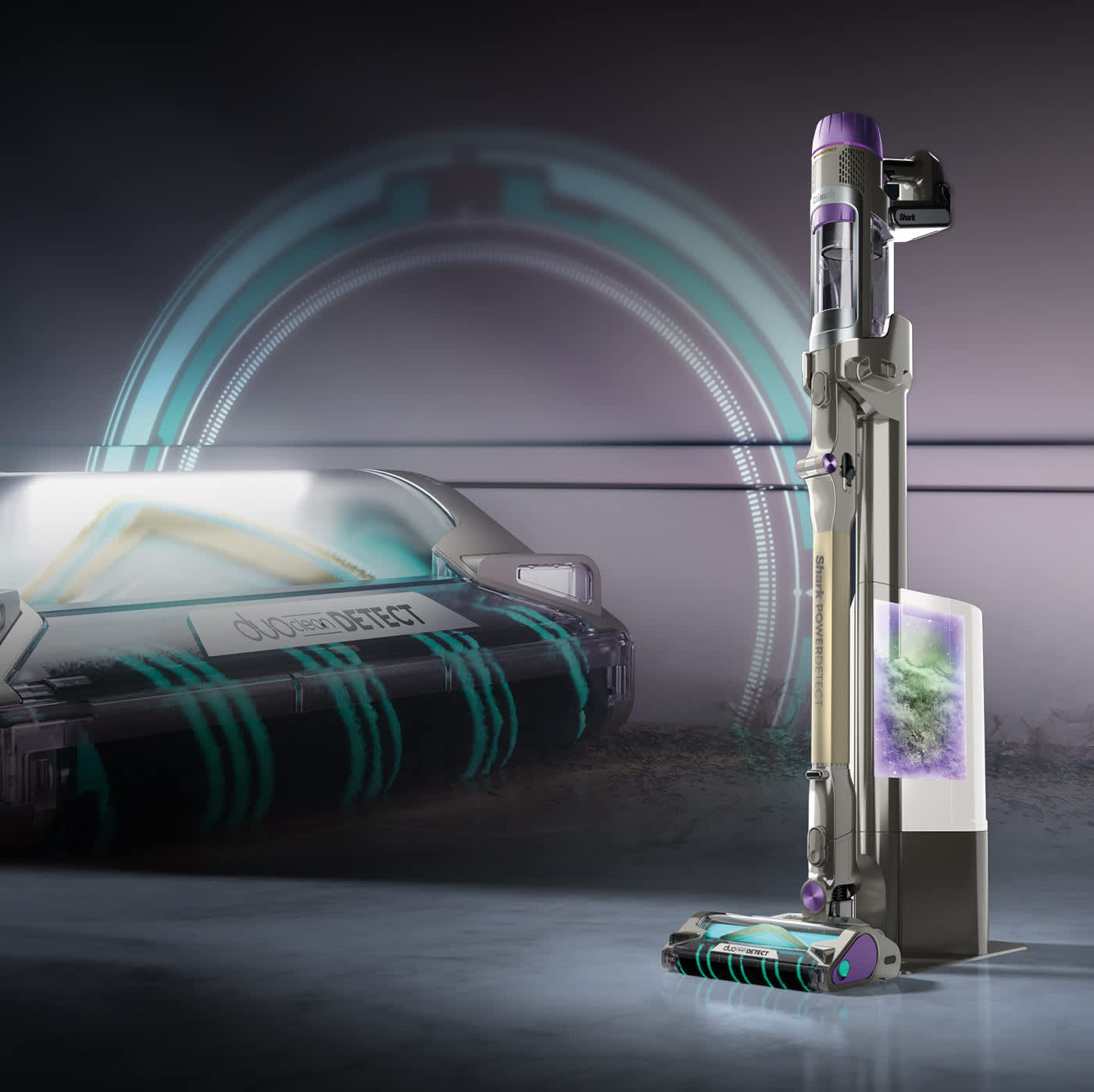 Shark PowerDetect Cordless Vacuum Cleaner auto-emptying dust and debris, with a close-up of its DuoClean Detect floorhead.