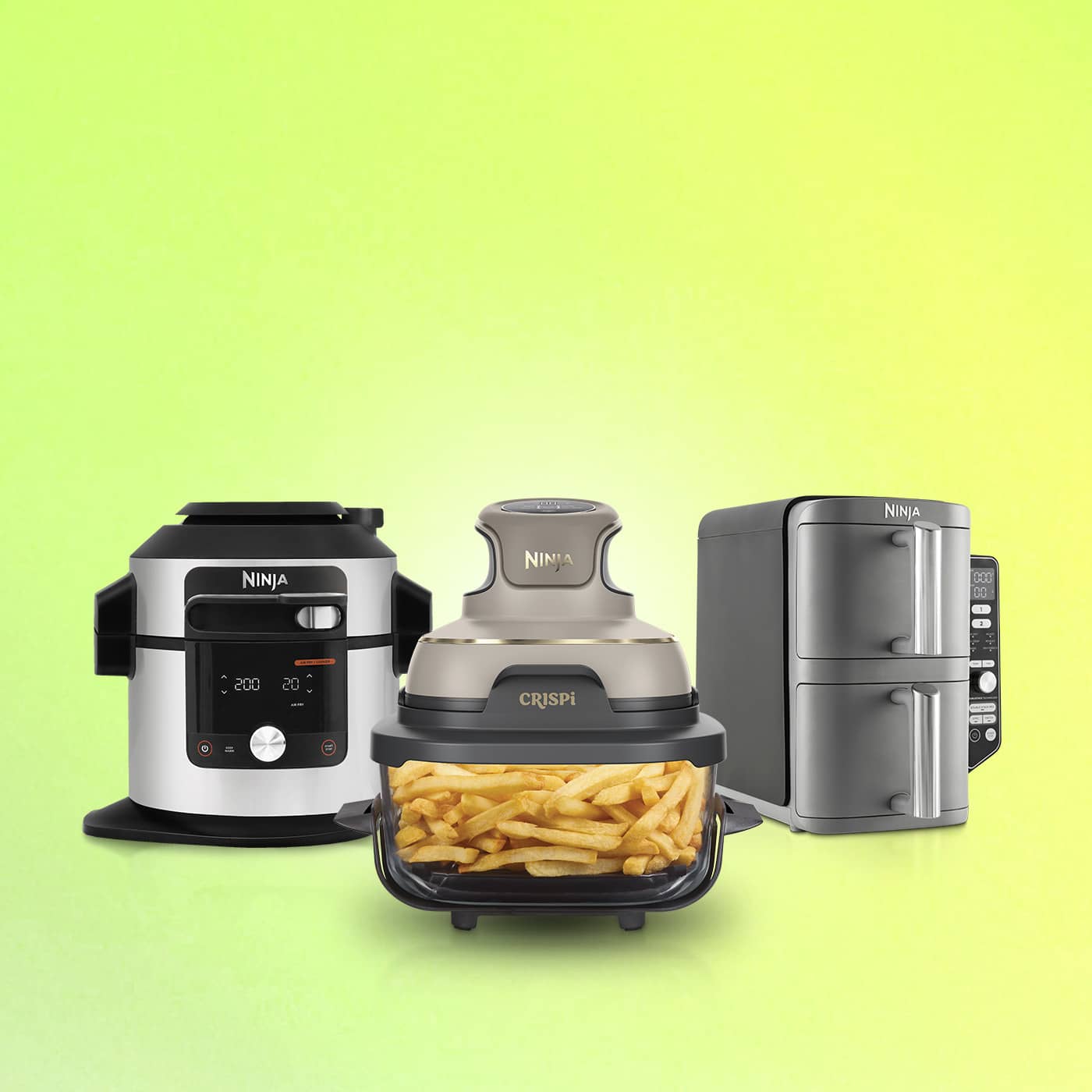 Selection of Ninja kitchen appliances on a yellow-green background, advertising the Ninja trade-in offer for up to £50 cashback.