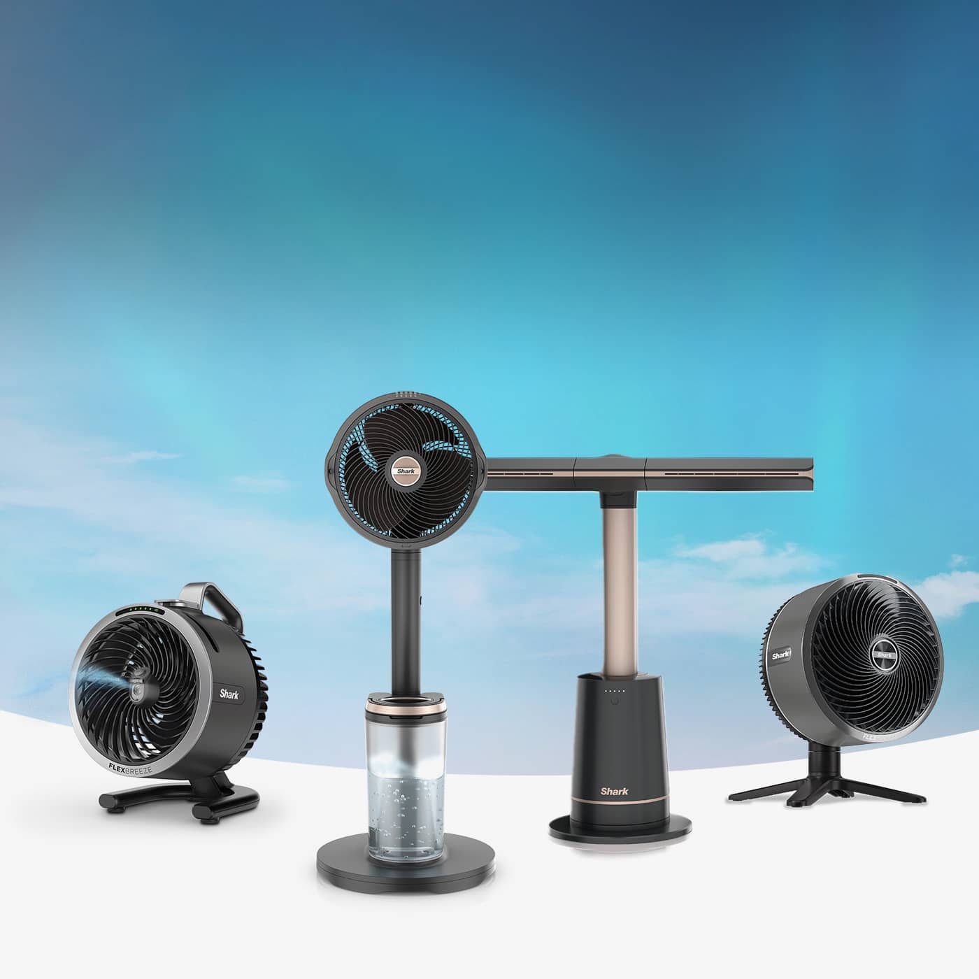 A range of Shark fans, including portable, bladeless tower, and misting fans, displayed against a blue sky background with text promoting powerful cooling for every space.