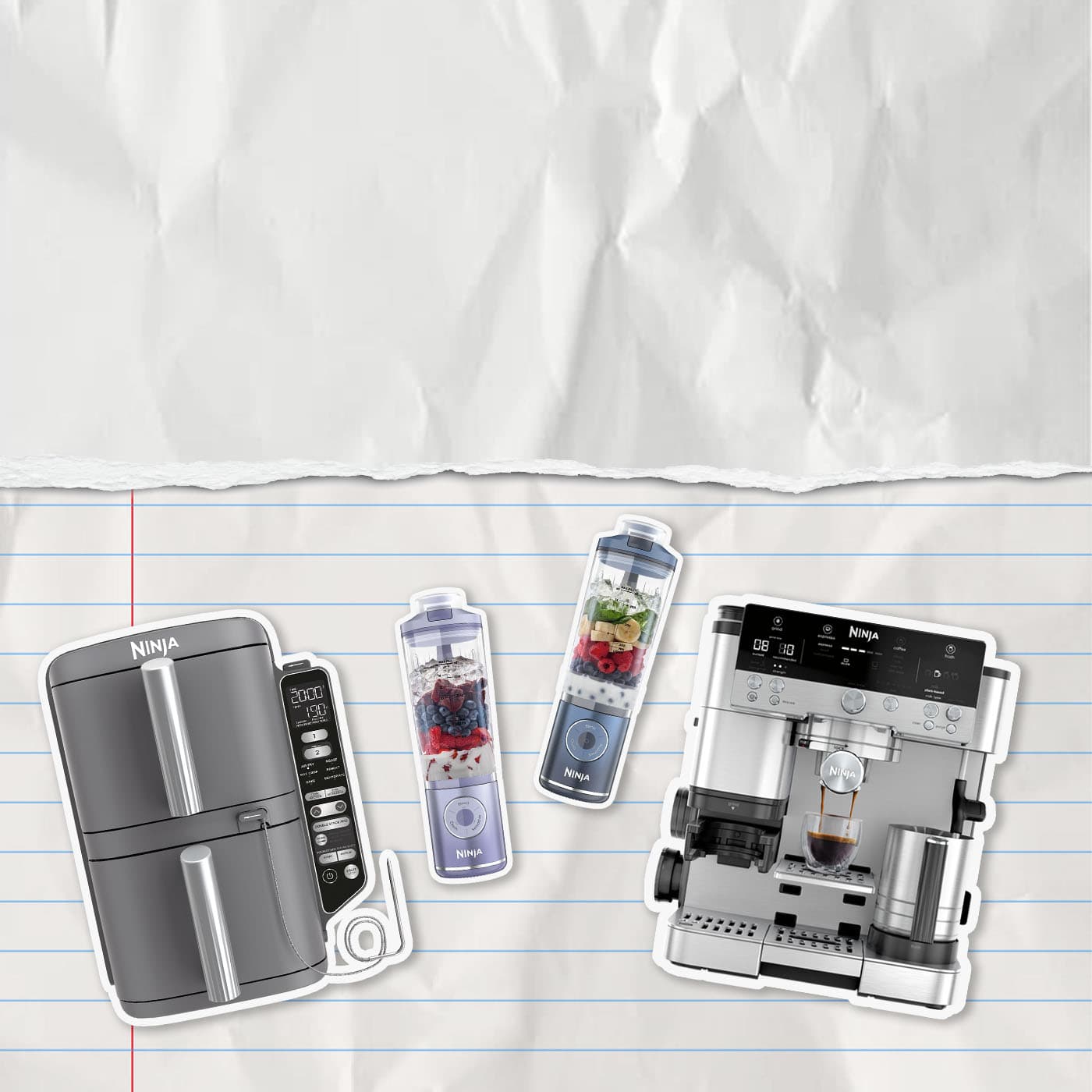 Een afbeelding van de Ninja SL400 Double Stack Airfryer, de ES601 Koffiemachine en de BC251 Draagbare Blender, de achtergrond is gelinieerd schrijfpapier.