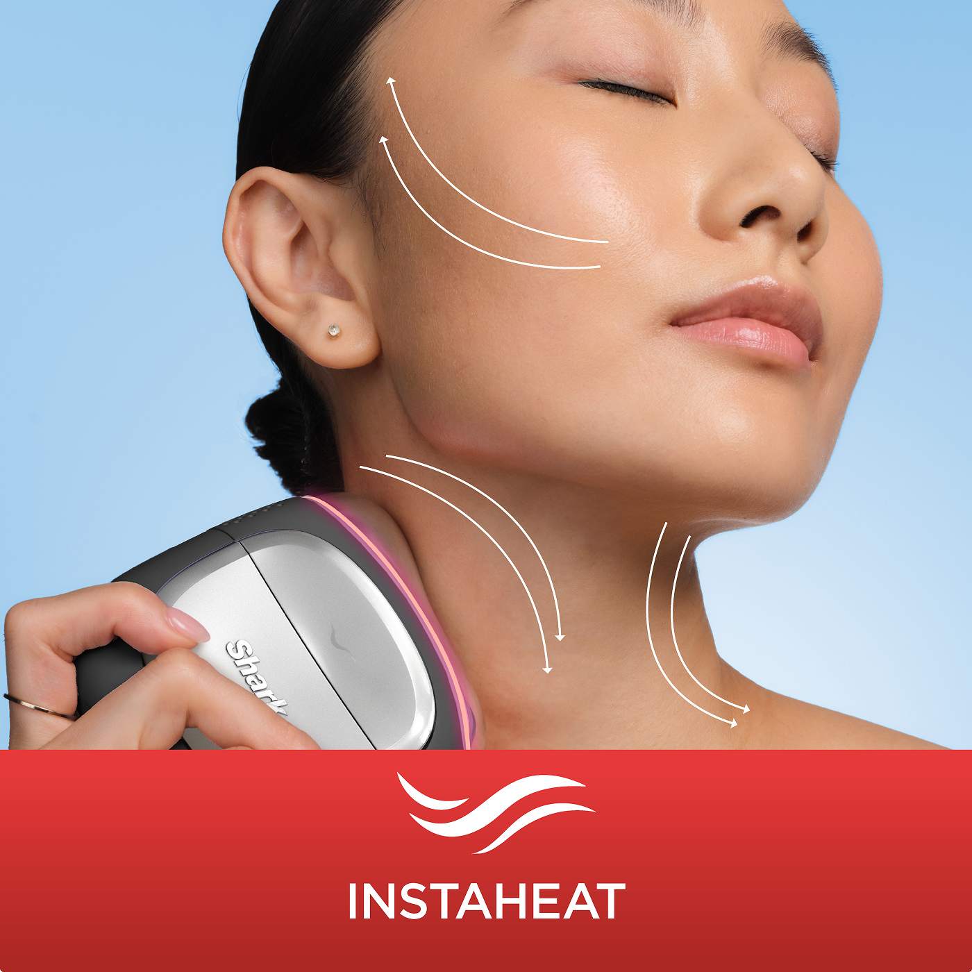 Side-by-side before and after of a woman with straight red hair styled into soft, defined waves using a curling attachment.