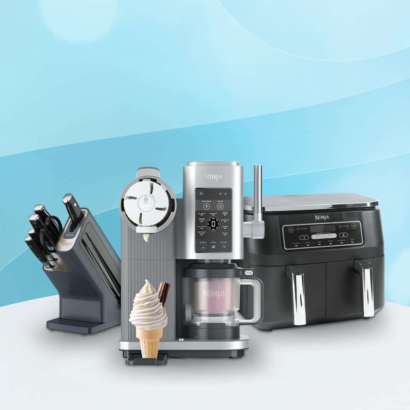 Three Ninja kitchen appliances — including a coffee machine, grill, and oven—displayed on a light grey background.