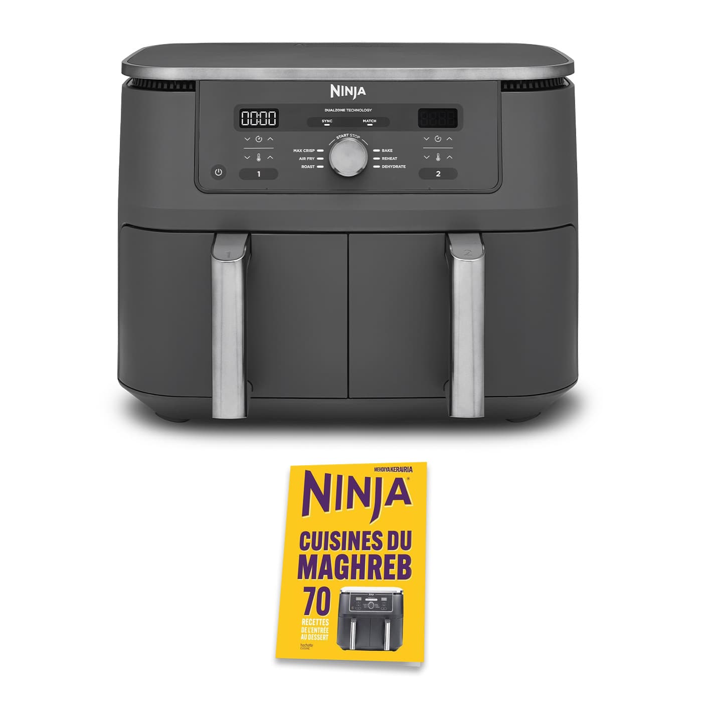 Pack Air fryer Ninja double compartiment XL  6-en-1  9 5 L  Gris avec le livre Cuisines du Maghreb (Hachette) inclus