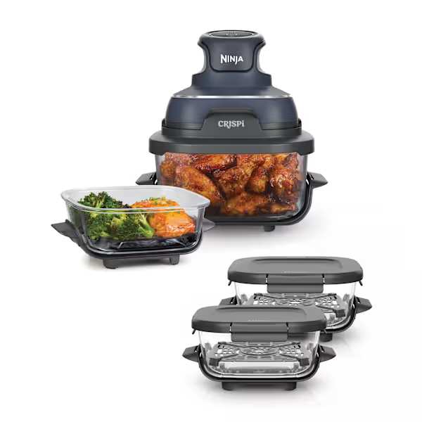Ninja CRISPi tragbare Air fryer Heißluftfritteuse, 3,8 l, 4-in-1: Heißluftfrittieren, Braten, Warmhalten, Recrisp, kompakt, 6 Portionen, 2x herausnehmbare Glasbehälter & Deckel, 1700W, Grau FN101EUGY