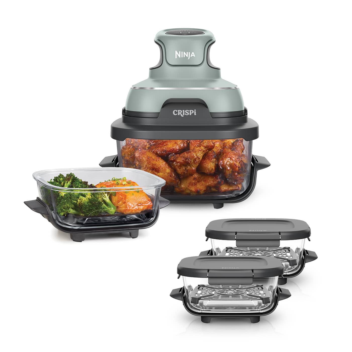 Friggitrice ad aria portatile 4 in 1 in vetro Ninja CRISPi Verde salvia – Kit Meal Prep Essenziale FN101EUSGB