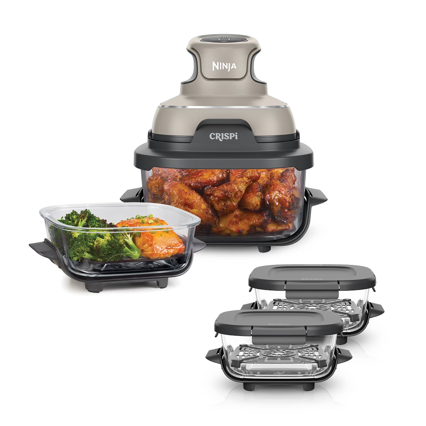 Friggitrice ad aria portatile 4 in 1 in vetro Ninja CRISPi Tortora chiaro – Kit Meal Prep Essenziale FN101EUSTB