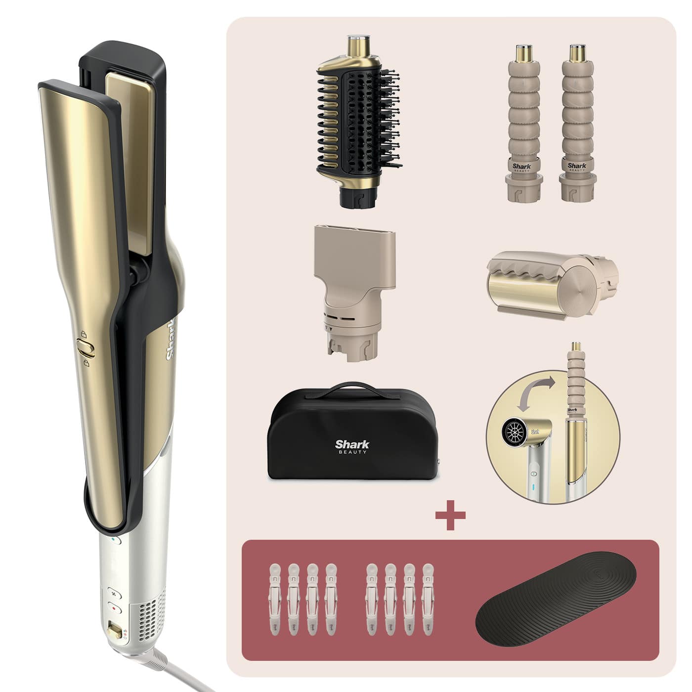 Styler e Asciugacapelli Shark Glam Set 5-in-1 per liscio lucido e onde morbide con mollette e tappetino HD6051SEUB