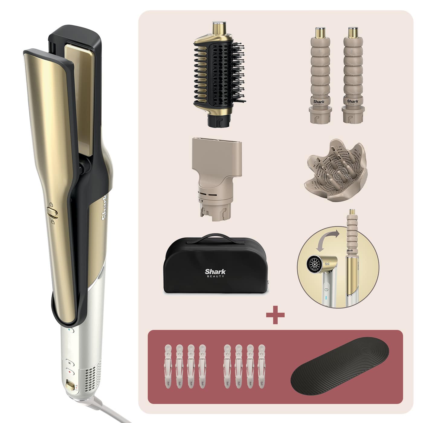 Styler e Asciugacapelli Shark Glam Set 5-in-1 per ricci definiti  onde morbide e liscio perfetto con mollette e tappetin