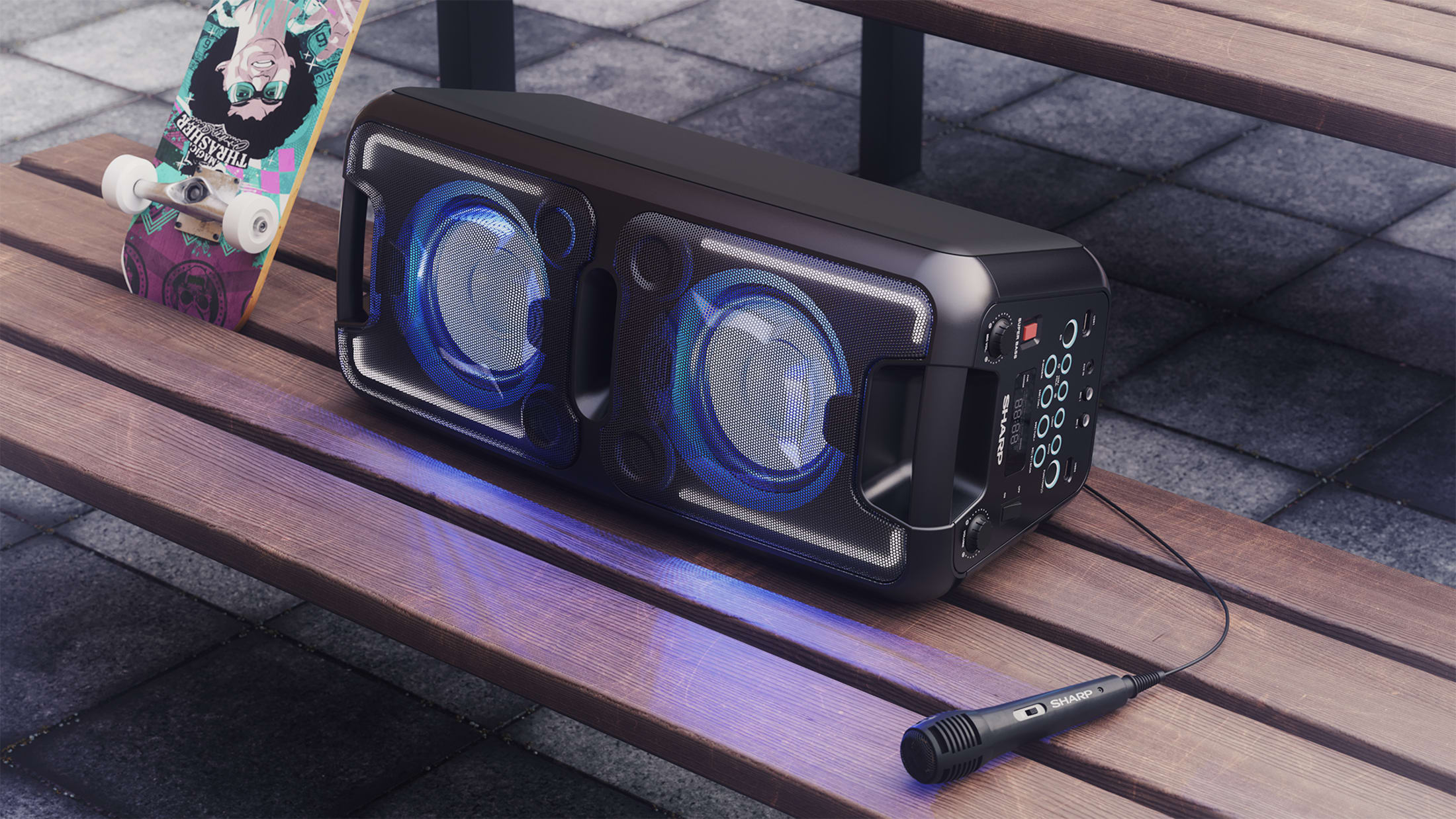 Party Speaker, 150 W, portable Boombox with built-in battery and LED flash light, with Bluetooth wireless music streaming, FM stereo radio and microphone included.